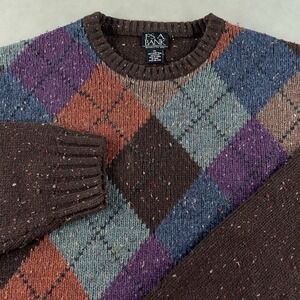 Vintage Argyle Wool Sweater Men's XL Jos A Bank Brown Plaid Grandpa Knit Grunge